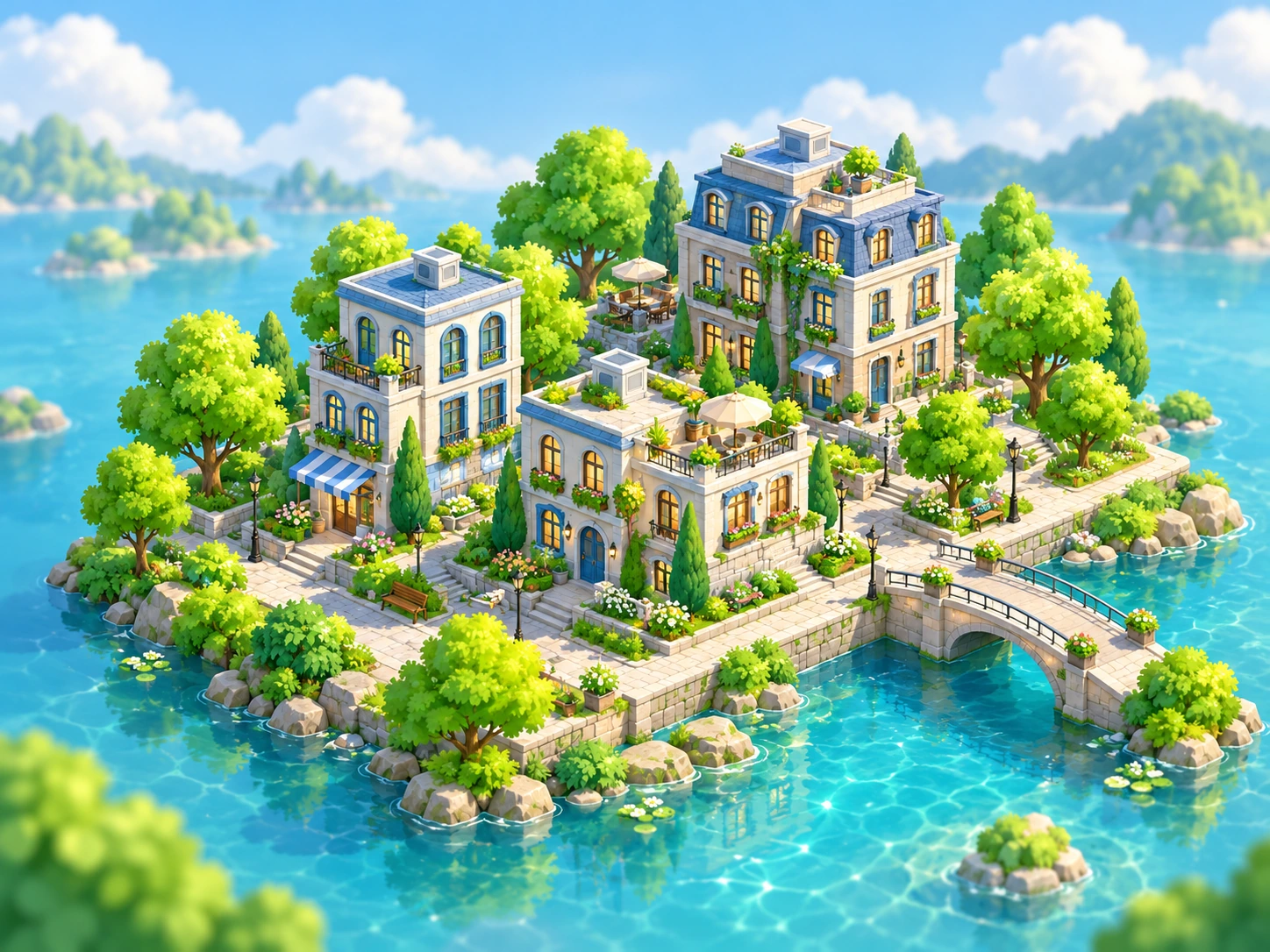Illustrated city concept with homes, roads, trees and a canal